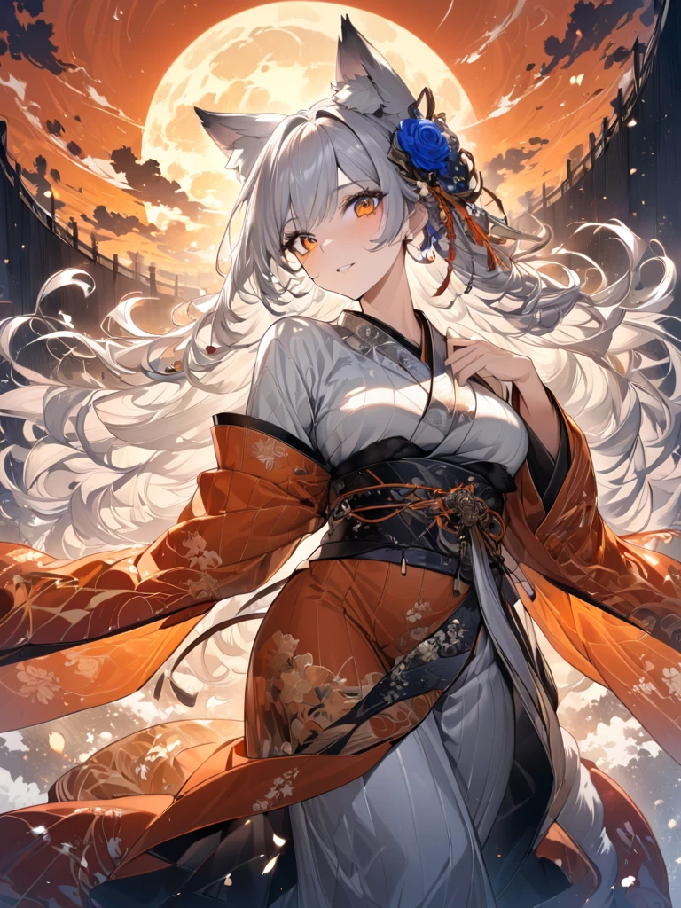 PEAnimeBG, wolf ears, Wolf Tail:1.2, masterpiece:1.3,  anatomically correct:1.3, nsfw,  Ultra High Definition:1.3,  high definition facial:1.3, 4K:1.3,  fantastic background:1.3, Clear Sky, Clouds shine the outline of a woman ,super fine illustration:1.2,  1 adult woman:1.3, solo:1.3,  cute face,  silver hair:1.3,  long hair:1.3,  big eyes, fair skin:1.2,  glamorous ,  big breasts:1.2,  female panther pose , break, luxurious silver kimono:1.3, Traditional Japanese Clothing, Orange belt , black embroidery on the belt , The edge of the kimono is orange , The kimono has a pattern of autumn leaves ,  golden embroidery on the kimono :1.2,  The color of the kimono is gradation,Ornate embroidery , Blue rose hair ornament :1.2,  sexy,  beauty like a goddess :1.2, Blessings from the Sky ,  perfect body for a lawn, Soft Skin,  textured skin , Slim Style,  pubic skin:1.2, Shiny Hair:1.2, Transparent hair:1.2, Soft Hair,  hair color gradation , Each bundle of hair is three-dimensional ,  Fine particles of light are scattered all over the hair, 高貴にShiny Hair:1.3,  detailed face :1.3, Blue Earrings:1.1,Thick black outline:1.3