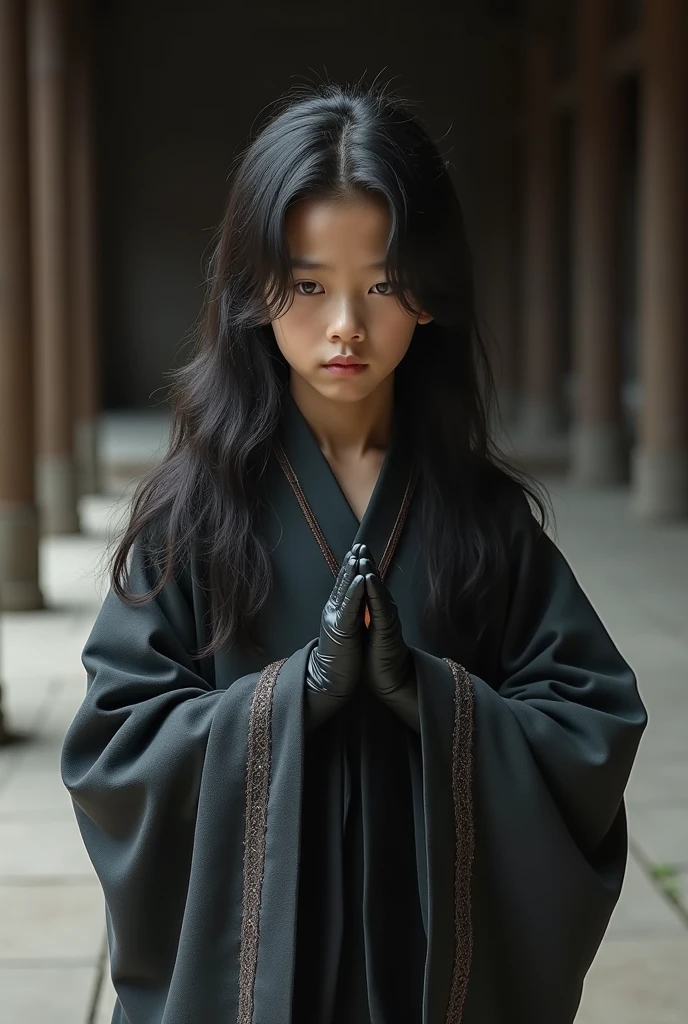 A girl, wearing a purple and black cloak, It is in a Chinese-style building