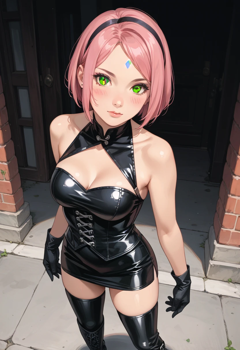 ((NSFW)), masterpiece,highest quality, High resolution, highly detailed face, Detailed CG, sakura haruno, green eyes, pink hair, short hair,medium breasts, diamond forehead mark, standing, black sandals, ((perfect body, beautiful body, beautiful legs, beautiful face))
(Long gloves covered in black latex all the way to the fingertips), (Black latex corset minidress), (Halter neck corset minidress), (Black latex tight miniskirt), (Black thigh-high boots),blush,stylish pose, stylish angle,looking at the viewer, in the center of the image,
