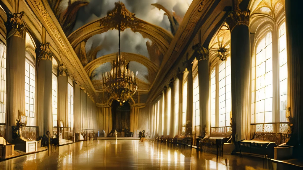  France in the 1950s、Paris landscape、 palace of versailles 、Hall of Mirrors、The floor is turning into clouds 、 no one