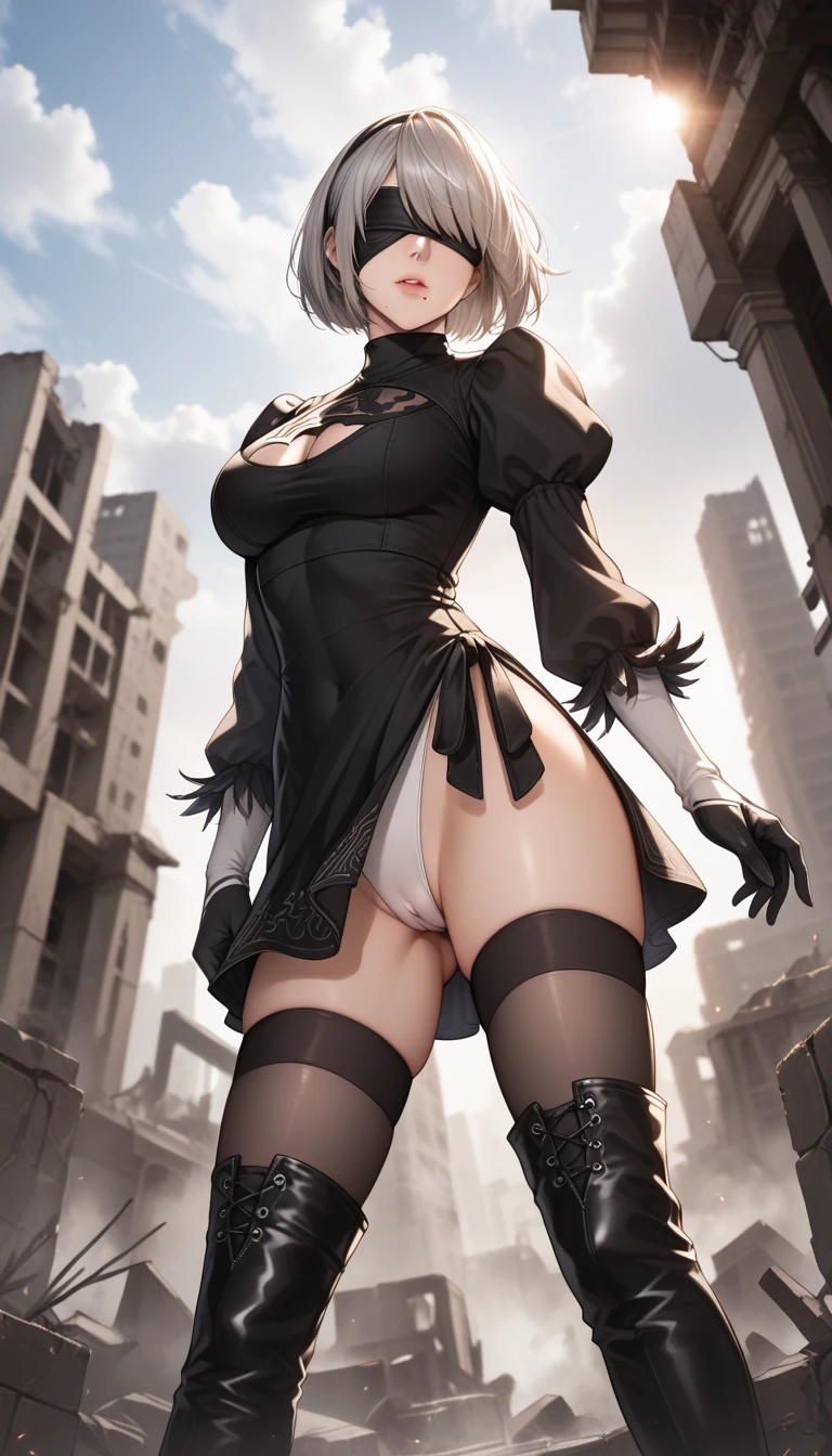 score_9, score_8_up, score_7_up, 32k,masterpiece, highest quality, 
photo realistic, super detail, vibrant colors, chiaroscuro lighting, cinematic lighting,
1 woman, inspired nier automata 2B,
bob cut, gray hair, bangs, mole under mouth, blindfold,camel toe
2B leotard, cleavage cutout, skirt, thighhighs under boots,
ruins, a ruined world, devastated cities, dark cloudy sky,
seductive pose, cinematic angle,