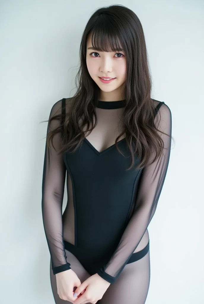 8k, RAW Photo, Best Quality, Masterpiece:1.2),(Realistic, photo-realistic:1.37), Super Detail, She is wearing tight thin fitting transparent black long sleeve turtleneck , no pants, no skirts, transparent black pantyhose, cinematic lighting, sexy pose, monotone background, facing front, smiling, portrait, dressed up to the belly button, dressed up to the neck
