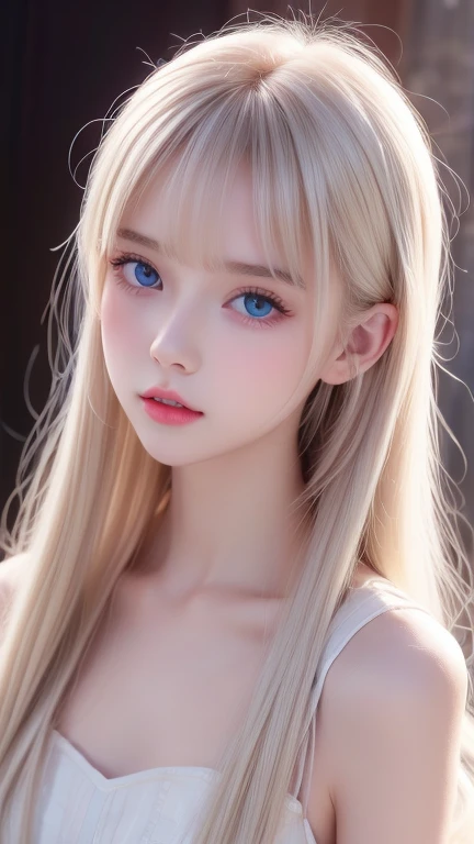  portrait、very white high school girl、Young, white, shiny skin 、Best Looks、Blonde Reflected Light 、 Platinum Blonde Hair with Dazzling Highlights 、Shiny bright hair、super long silky super long straight hair、Shiny, beautiful bangs、 sparkling crystal clear and charming big bright, very bright ice blue eyes、A lovely young, cute, innocent  girl with a very beautiful innocent appearance 、 raise one arm、Full-bodied Esbian、 beautiful breasts、Small Face Beauty、round face、 bangs that fall over the eyes、Bangs between the eyes、 Cheek Gloss Highlights 