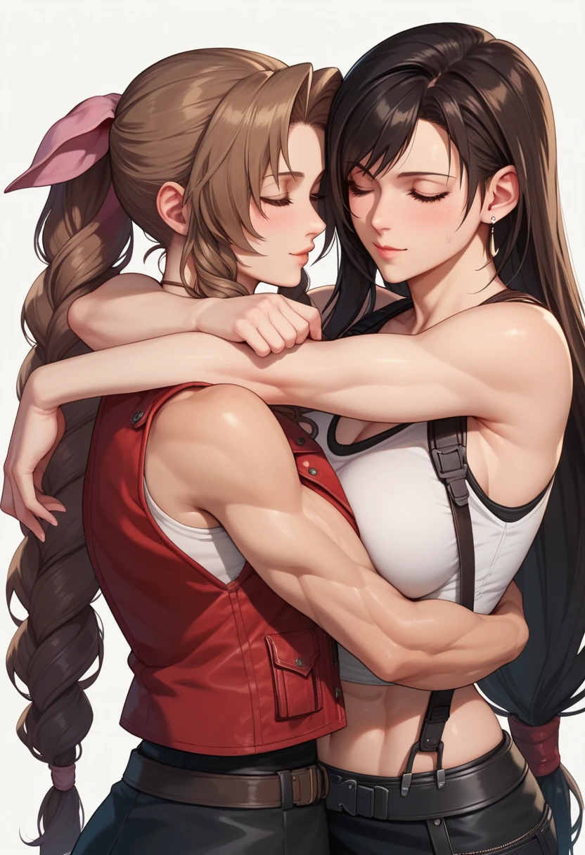 Aerith and Tifa as huge muscle women hugging