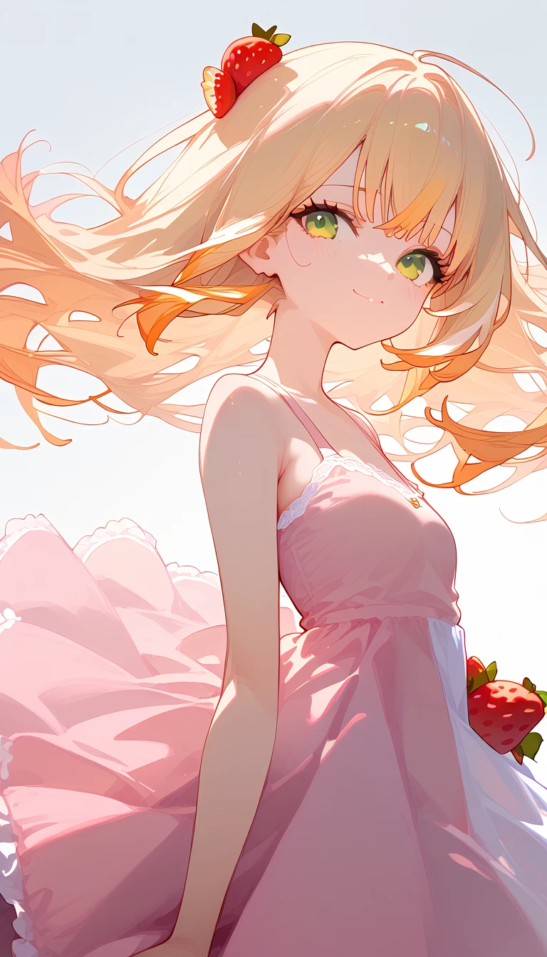 beautiful girl, white background, delicate and beautiful face and eyes, 1 girl, ho****ve, vtuber, kazama iroha, blonde hair, green eyes, messy hair, neckline, pastel pink dress with strawberry prints, small dress