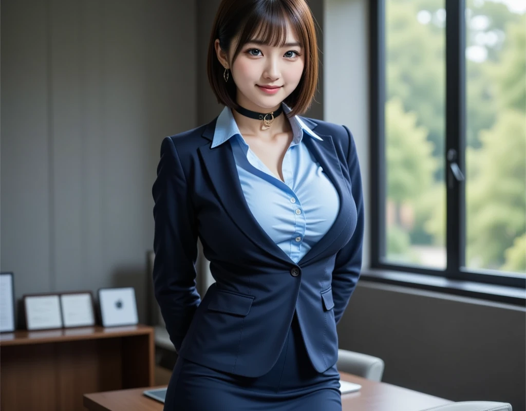   best quality、masterpiece、Solo Photo、Female CEO、(   Navy Blue Jacket,  light blue shirt,  miniskirt), Big Breasts , ((  layered haircut before gray wallpaper)),（8k，  best quality），   full body shot ，Shooting from a medium distance，  Full Body Portrait  、 Adorable， smile:2，     brown hair, Slim face,   slender body , 32K, masterpiece,   best quality,   ultra high resolution with forest background,   black choker  ,   blue eyes, bangs、 Very Wealthy Long Lashes  、Red lipstick、 blue eyeshadow 、((Big Breasts))、  happy expression:2,   office、desk、document