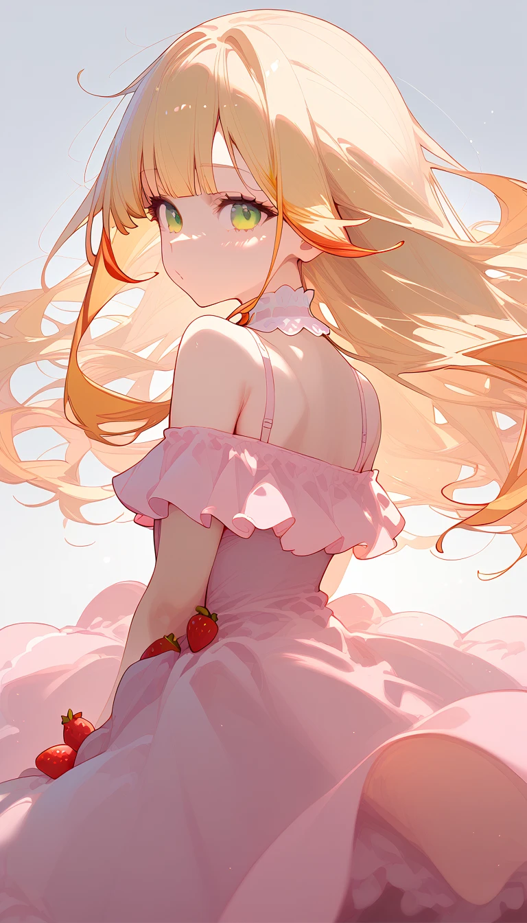 beautiful girl, white background, delicate and beautiful face and eyes, 1 girl, ho****ve, vtuber, kazama iroha, blonde hair, green eyes, messy hair, neckline, pastel pink dress with strawberry prints, small dress