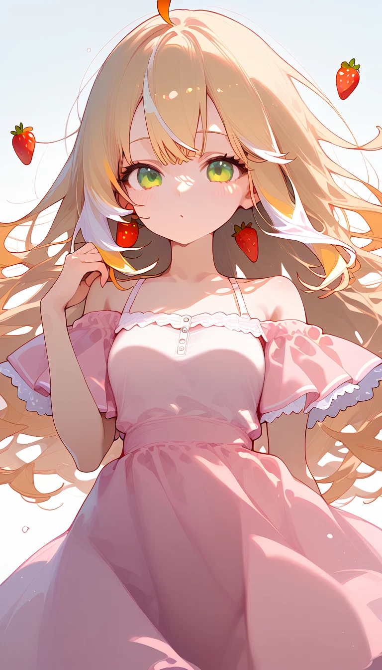 beautiful girl, white background, delicate and beautiful face and eyes, 1 girl, ho****ve, vtuber, kazama iroha, blonde hair, green eyes, messy hair, neckline, pastel pink dress with strawberry prints, small dress