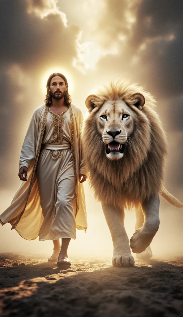 Create an ultra-realistic, cinematic 9:16 image of Jesus Christ walking forward side by side with a colossal, regal white lion. Jesus is depicted in flowing, radiant white robes with golden embroidery, moving gracefully with a calm and commanding presence. His face is serene yet resolute, with eyes full of compassion and strength. A glowing, soft golden halo encircles his head, casting divine light around him as he steps confidently forward.

The white lion strides powerfully beside him, its enormous form exuding strength and majesty. Its pristine white fur glows softly in the light, and its massive, flowing mane moves gently with each step. The lion's piercing blue eyes radiate both wisdom and ferocity, while its elongated fangs and poised posture convey its primal power. The two figures appear in perfect harmony, their movements synchronized as if walking with divine purpose.

The scene is set in an ethereal, heavenly landscape under a shadowy, cloud-filled sky. Soft rays of golden light pierce through the clouds, illuminating their path. The ground beneath them is a blend of glowing mist and heavenly light, enhancing the surreal and sacred atmosphere. A faint trail of shimmering light follows their steps, emphasizing their divine connection.

Rendered in ultra-realistic detail with 24-bit full color, HDR (High Dynamic Range: 0.9), and hyper-detailed textures, every fold of fabric, strand of fur, and facial feature is intricately crafted. Volumetric lighting highlights the golden glow surrounding Jesus and the lion, creating depth and dynamic contrast as they walk together, an awe-inspiring vision of unity, power, and grace."
