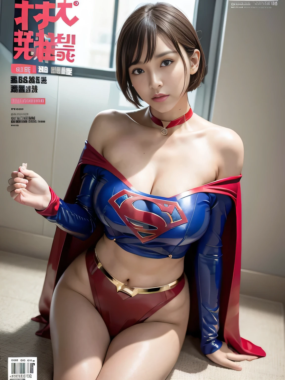 masterpiece、Vinyl Supergirl Costume、Short Hair、Hospital operating table、Crisis situation、Big and ample breasts、looking at the camera、Shiny、Off the shoulder、choker、Long sleeve、exy poses to seduce、Sweaty skin、Model Body Type、Alluring、charm、Enchanting、Abused、test subject、victim、Wild、Photorealistic、latex、Expose your belly、athlete、Racing Bloomers、Photo magazine cover、Red cloak、Beautiful Abs、