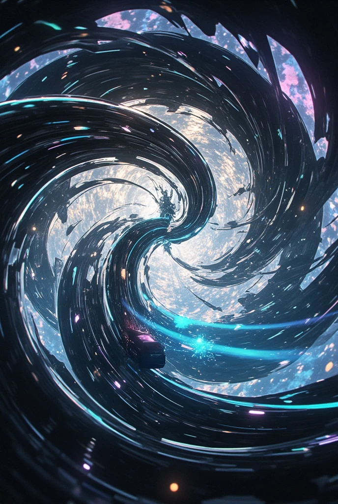 science-fiction, realistic. breaking crashing many huge thin layers showing the clock like a glasses glowing shadow of cyber-punk train flying in the cosmic space very spirally and dynamically , with many beautiful light trails spiraling. . motion blur.very dynamic scene.niji style