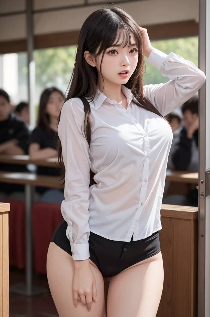 ((drooping eye, round face, ecstasy)), (((thin rips))), (((showing off her panties, straddle to touch her panties against table edge))), open legs, raise leg, (worker uniform jacket, thin shirt, long skirt, (hem of shirt) ,swollen-areola-outlines are visible from over thin shirt), ((in front of a coffee shop)), hair up,