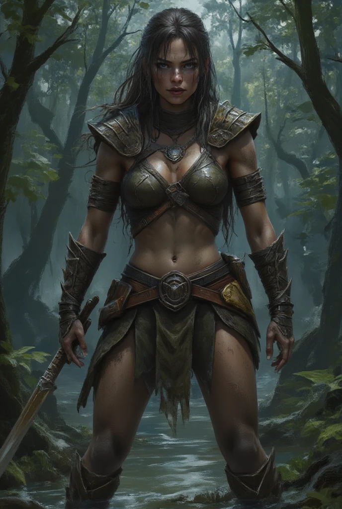 an image applying the rule of thirds leaving in the center a beautiful gifted young warrior woman sweaty in a swamp in a thick jungle with her sword unsheathed in a defensive position under intense rain, she wears bikini-style leather armor with iron ornaments, her skin is stained with mud and soaked, the atmosphere is one of tension and drama, cinematic.