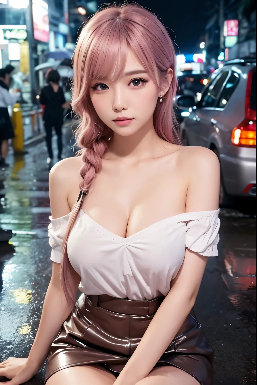 Standing on a dark street),(streetlights),(low-key lighting),(natta),Random posture, (extremely delicate and beautiful work), (​masterpiece), 1girl in, girl in white dress, highDetails, West Creek, Warped ponytail, Charming look, Beautiful and clear eyes, green pupils, delicate necklaces, Delicate earrings, Fairy ears, Simple blurred background, Super Detailed Description, Beautiful fece, Charming, Ultra-definition painting, delicated face, Delicate figures, thin clavicle, Beautiful lips, Beautiful breasts, Soft back view, mix4,(8K, Raw photography, Top image quality, masutepiece:1.2), (Realistic, Realistic:1.37),女の子1人,cute little,A city scape, natta, Sateen,Wetty、Professional Writing、Photon mapping、Radio City、physically-based renderingt、((small tits))、((Light pink 、Perfect ))、((pubick hair))、((a small face))、10 head body、high-heels、(full body Esbian)