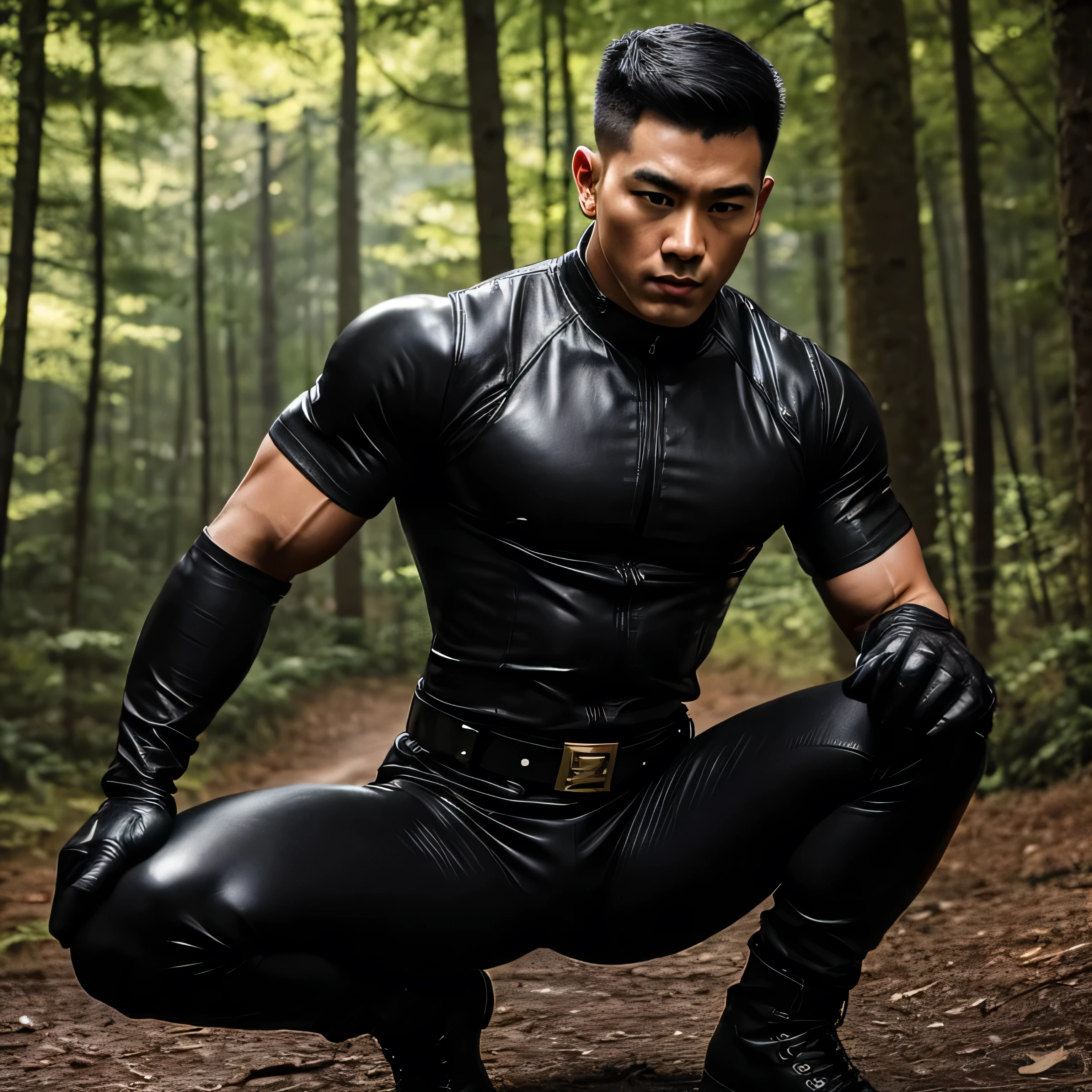 20-year-old boy ,Korean male officer ,Thin mustache...,handsome ,Wear a dark navy short-sleeved shirt............., Wearing only Dark navy thong, no pants, Black boots and dark navy gloves.,sit on the ground , His legs spread apart.............................., Police Logo ,tight breasts ,Muscle Man , ((The arm muscles are very large.................)) ,large , Wide shoulders ,open legs ,Hold the bulge firmly with both hands............................................. ,Large long bulge pointing upwards..................................... ,Sexually suggestive, (Dynamic Poses:1.1) , thights , (Embossed Focus:1.2),On your knees......................., ,It's raining ,Mud Pond , Best qualtiy , Wide lens ,deep depth of field ,Bokeh background