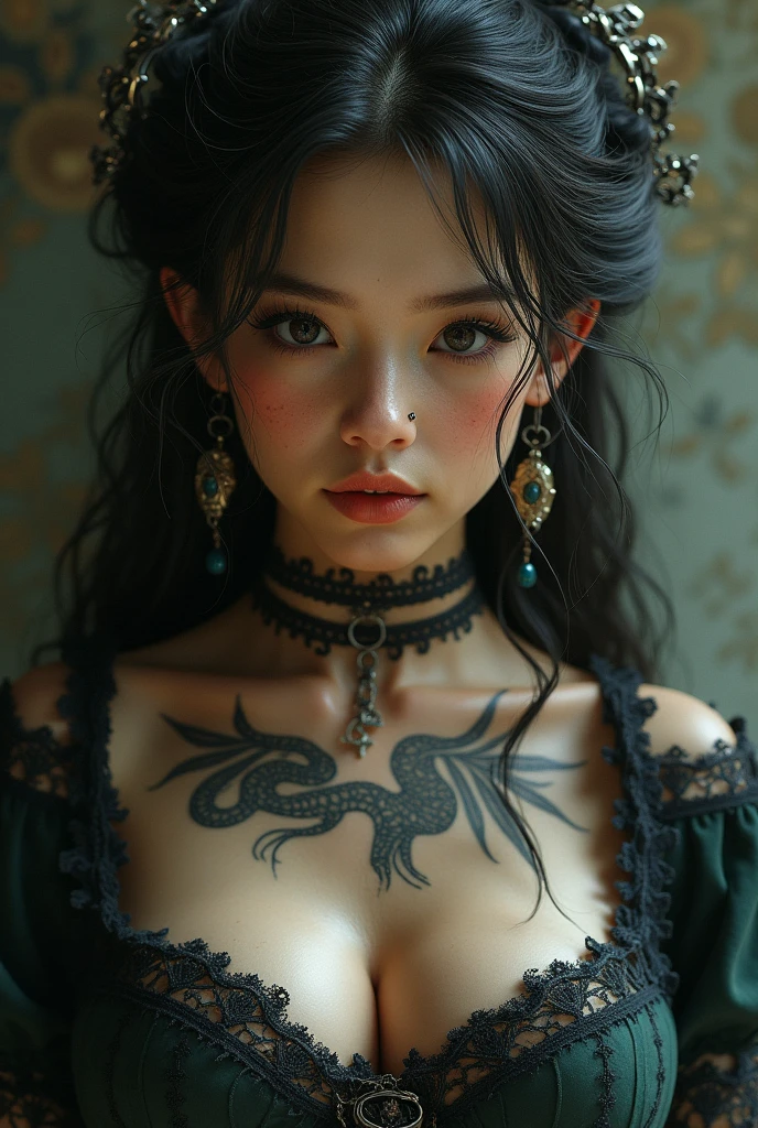 Photorealistic, high resolution, Soft light,1womanl, Solo, Hips up, (Detailed face),tattoo, jewelry, t-shirt with rough chest, Beautiful soldiers, Grab the audience's eye, Lover's perspective, Invitation expression, Sexy smile, Perfect style, Perfect balance, Detailed skin, mischievous gaze, chest visible
