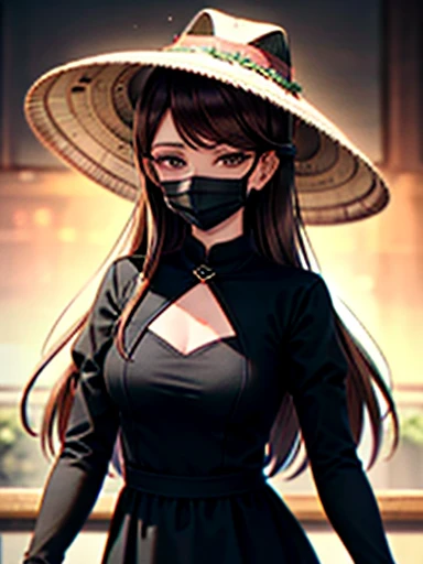 girl, ((sombrero)) Nón Lá Negro Ancha,  brown hair ,white eyes, Long sleeve long black dress, black gloves ,((High quality 4k)).((black face mask))