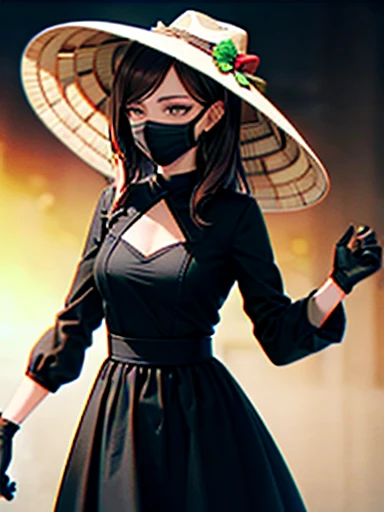 girl, ((sombrero)) Nón Lá Negro Ancha,  brown hair ,white eyes, Long sleeve long black dress, black gloves ,((High quality 4k)).((black face mask))