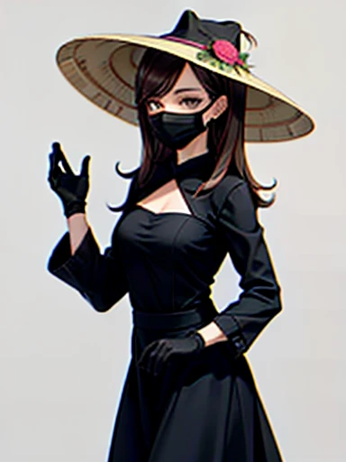 girl, ((sombrero)) Nón Lá Negro Ancha,  brown hair ,white eyes, Long sleeve long black dress, black gloves ,((High quality 4k)).((black face mask))