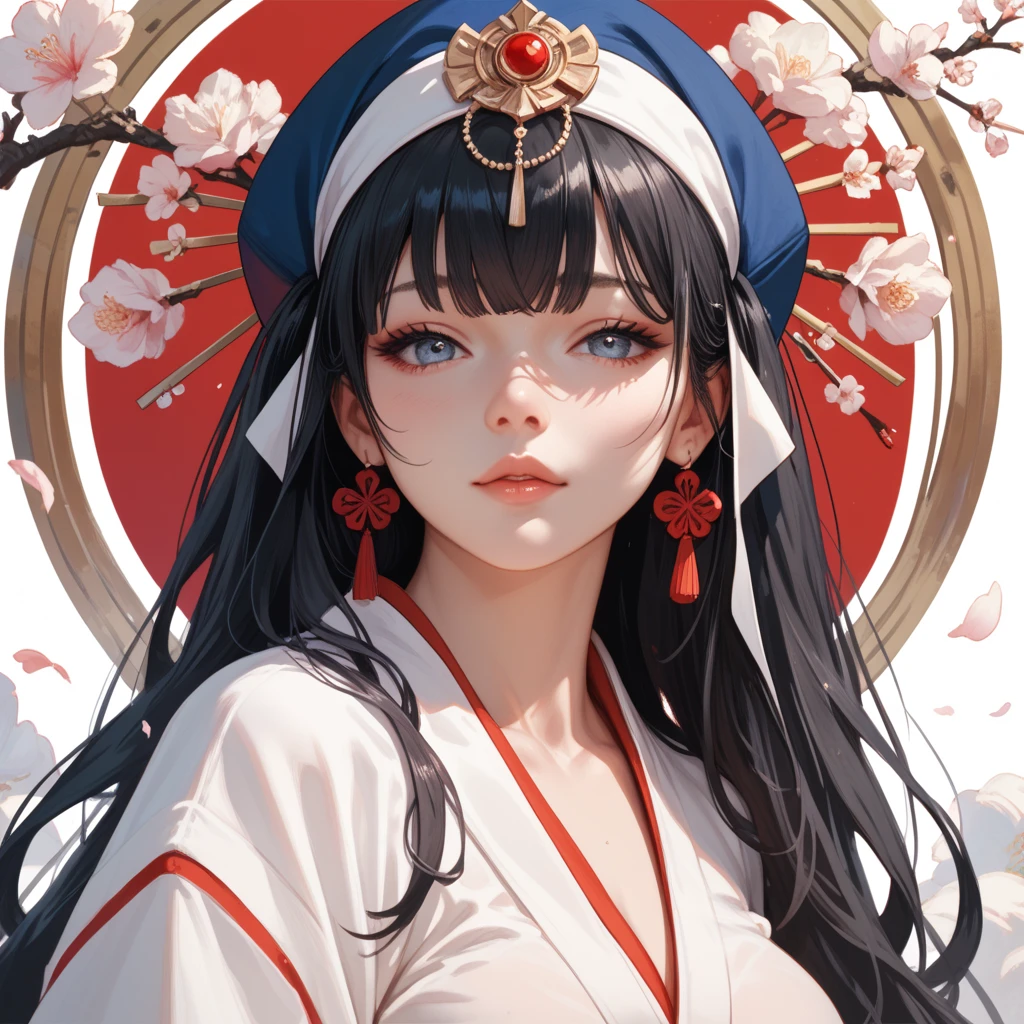 A girl with dark blue hair, red eyes, fair skin tone, slender and athletic built, ying yang robes, detailed hair, detailed body, aesthetic, best quality, 8k, realistic