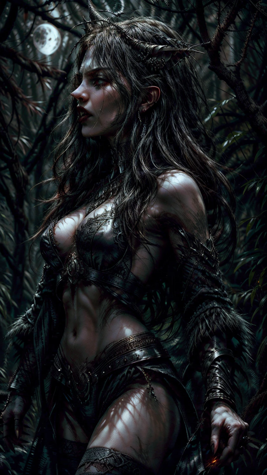   illustration of a spooky forest,  twisted trees, bare branches. Glowing eyes in the shadows. Moon beams light the scene. a ((native american elf)) wanders fearfully through the scene. She wears a brown leather bikini, fur boots. (((native American))), 1woman , curvy, slim waist. ((black hair)), long hair, coco skin, Dark skin, chocolate skin. Fear. (detailed eyes, detailed face), red lips. Square jaw, high cheekbones, strong jaw line. high quality, high resolution, masterpiece, (High resolution), (high quality), (sharp focus), (best quality)
