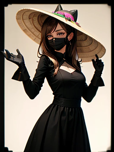 girl, ((sombrero)) Nón Lá Negro Ancha,  brown hair ,white eyes, Long sleeve long black dress, black gloves ,((High quality 4k)).((black face mask))