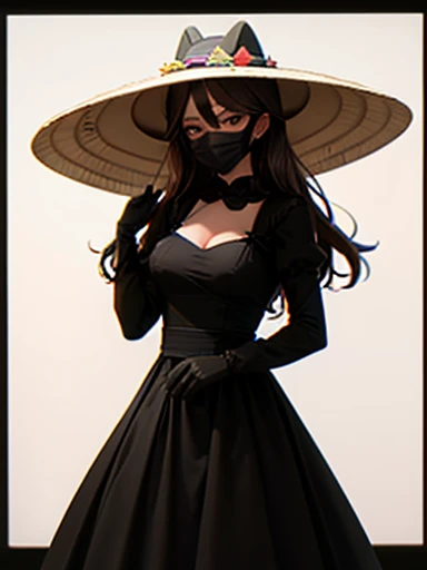 girl, ((sombrero)) Nón Lá Negro Ancha,  brown hair ,white eyes, Long sleeve long black dress, black gloves ,((High quality 4k)).((black face mask))