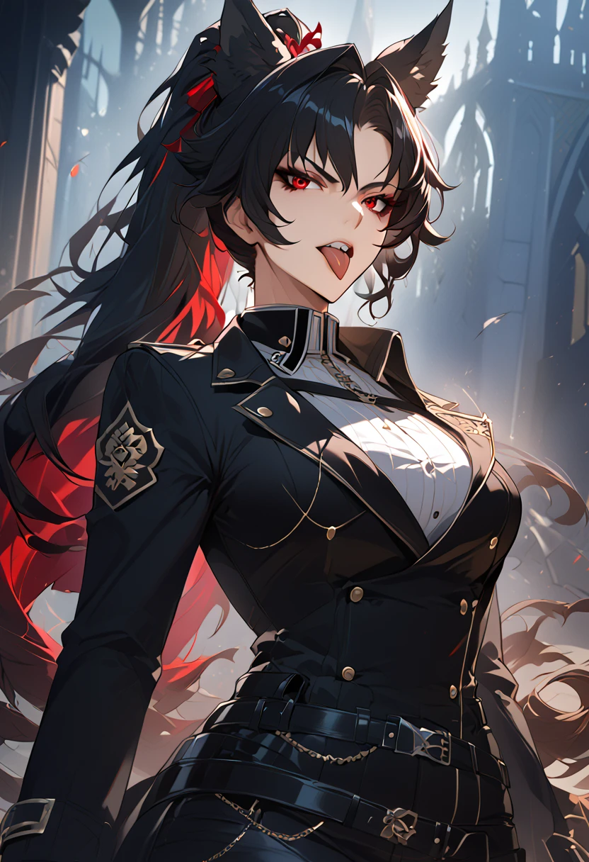 beautiful anime woman wearing a black military trench coat, tight black jeans pants, wolf ears, wolf tail, half wolf and half human, red eye color, black hair in a ponytail, light novel art, detailed anime art, anime, regal, royal, sexy, thicc, beautiful feminine facial features, flirtatious, sultry, slutty, petite, sharp canines, aheago, villain, all black clothing, high quality, very detailed anime art, feminine, slender face, military general vibes, pretty girl, good lighting, close up shot of face, sticking her tongue out expression, lewd