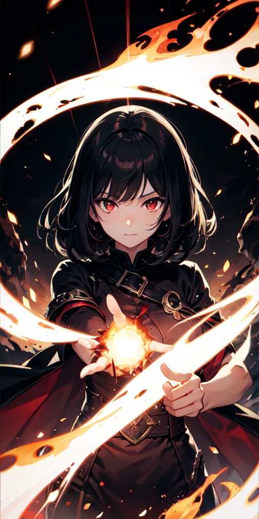 Megumin have black hair, red Eyes) with her little daugheters: Esmeralda have brown hair , red eyes). Ruby have Red Hair, green eyes), Aria Rose have Black hair, blu eyes)