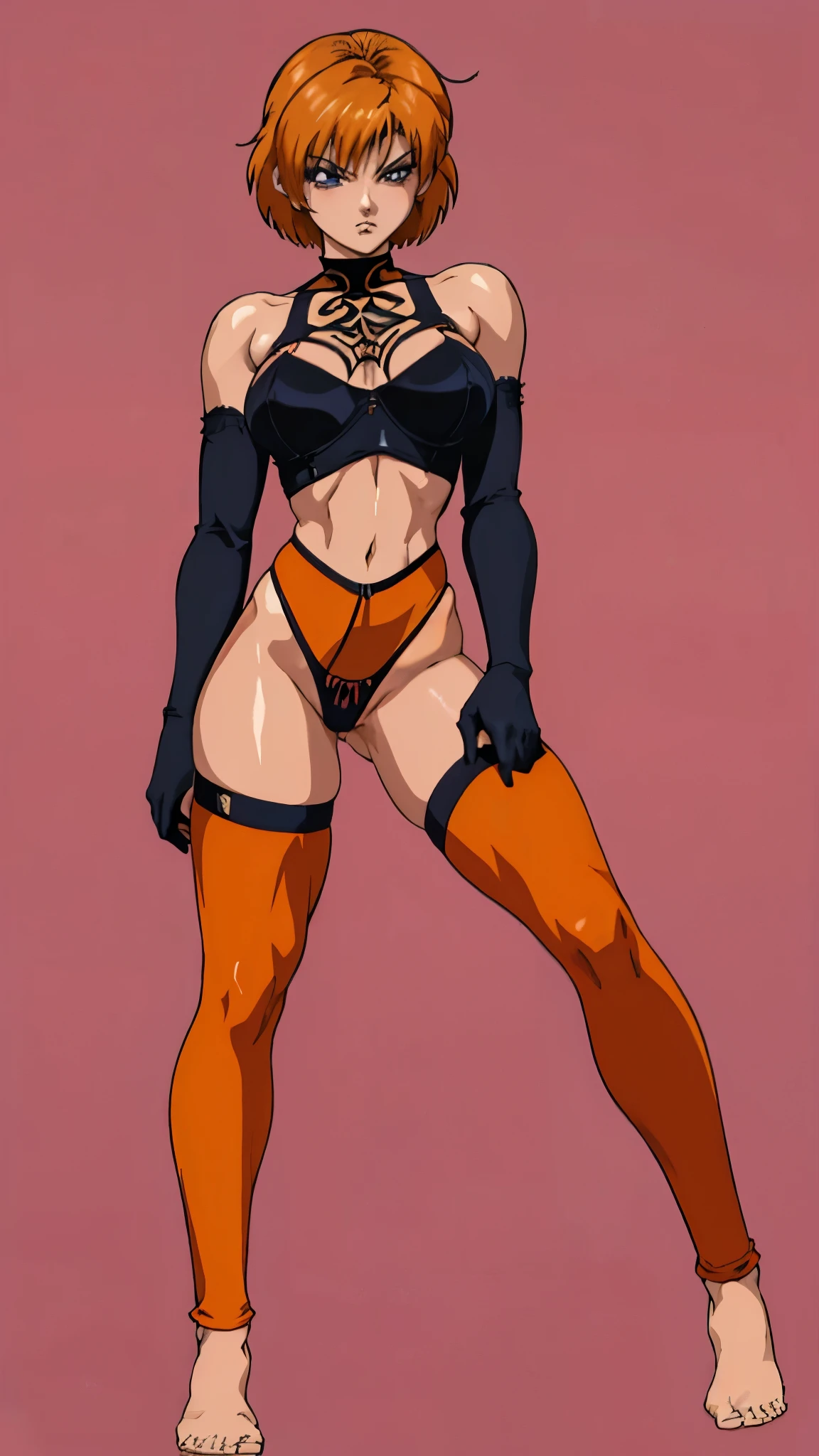 Female funger lying in bed, full body, standing, straight, symmetrical, looking at the viewer, very detailed illustration, 1solitaria, big breasts, high resolution, high quality, Masterpiece, looking at the viewer (female knight) orange long hair, absurdities, ultra detailed, (8k, Best Quality, Masterpiece:1.2) (realist, fotorrealista:1.37) (whole body) legs apart (wide stance) standing in front, ultra detailed, 1 girl,beautiful, alone (feminine works) (big breasts:1.5) (Beautiful detailed eyes) (SMILE:1.2) (Closed mouth), sharp focus, depth of field, Good composition, very long straight hair, hair explosion ((Orange_eyes)) intricate, bokeh (Tetsuya Nomura style) perfect breasts, White tank top, black thong, suspenders, gloves, socks, Toned body, athletic, Wide hips, thin waist, toned arms, exposed abdomen