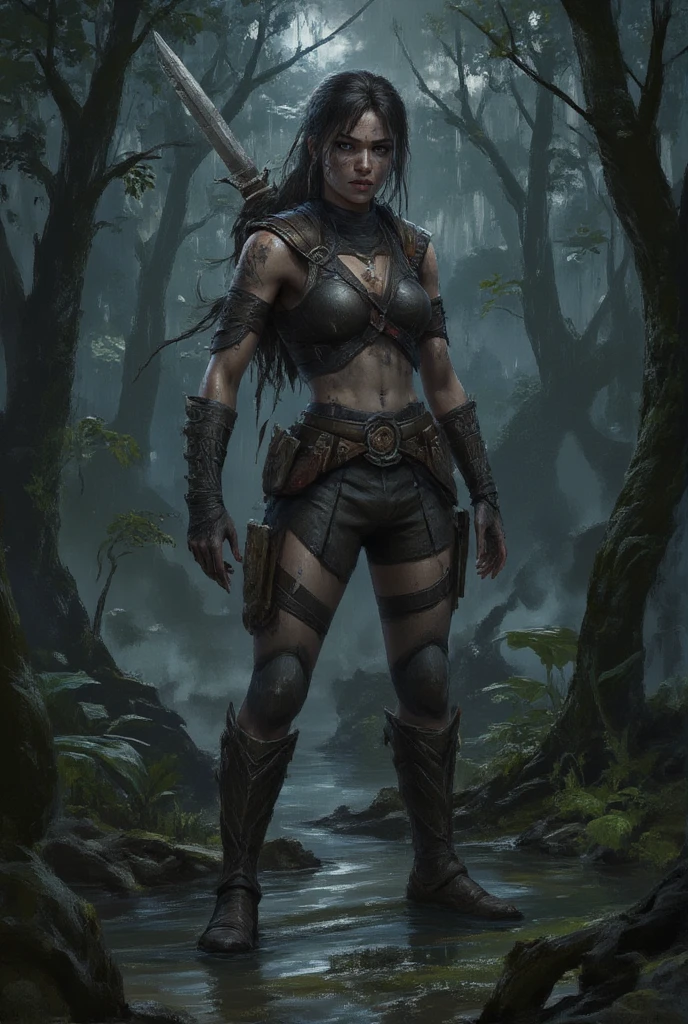 an image applying the rule of thirds leaving in the center a beautiful gifted young tomb raider sweaty in a swamp in a thick jungle with her weapon unsheathed in a defensive position under intense rain, she wears iconic uniform of tomb raider, her skin is stained with mud and soaked, the atmosphere is one of tension and drama, cinematic.