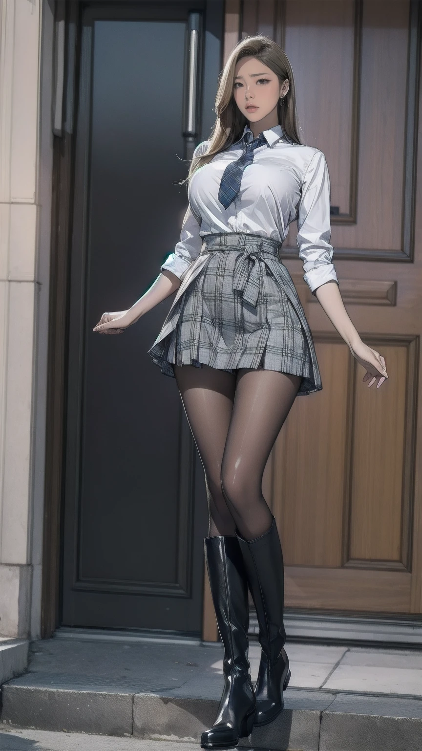 glow,masterpiece, best quality, oil painting portrait style, blonde,Plaid skirt,pleated skirt,Big ,white stockings,without wearing shoes, pinup