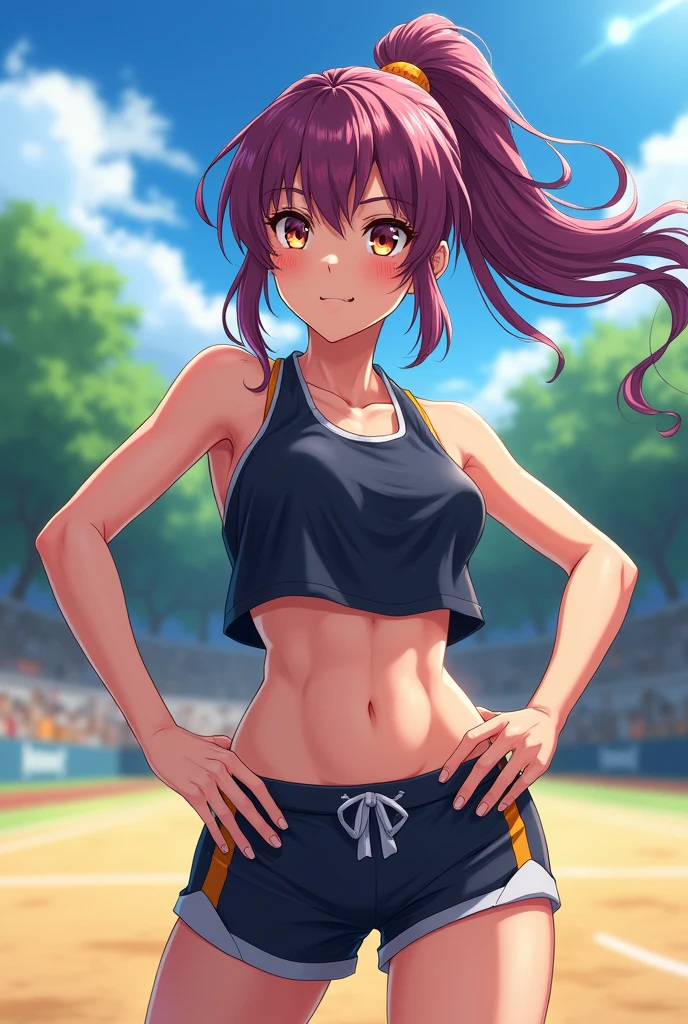 Unity 8K Wallpaper, Masterpiece, Best Quality, Ultra Detailed, Extremely Detailed CG, Ultra High Resolution, Caustics, Detailed, Beautiful Detailed Eyes, solo, (close up face, portrait:1.3, athletics stadium, brighten the subject, running trunks), smile, brown eyes, medium hair, purple hair