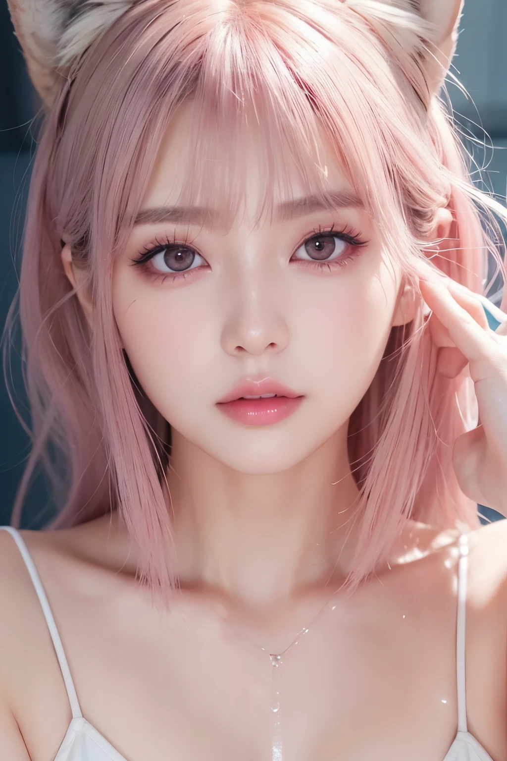 (NSFW:1.1)、 photorealistic、( Perfect Anatomy)female 1 person、age: 32、 the hairstyle is wolf cut 、Applying blush to the cheeks、 wearing silver colored contact lenses、There are light eyeshadows、 lips are pink and glossy、Sweat is dripping、Women&#39;s Bath、Taking a bath
