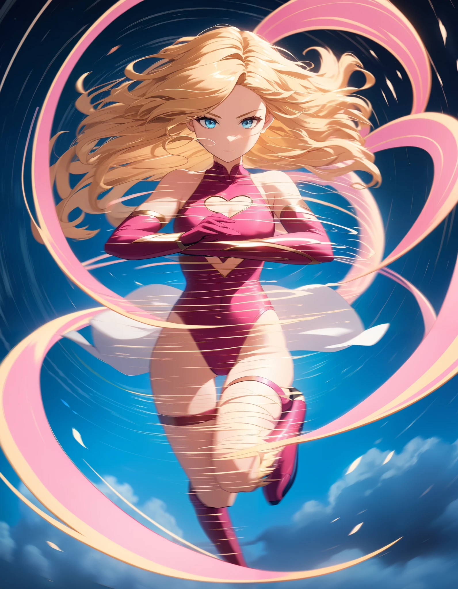 ((masterpiece)), ((best quality)), ((high res)), 1girl, solo, solo focus, (leotard, perfect leotard, pink leotard, sleeveless, bare legs), matching boots, looking at the viewer, blue sky backdrop, perfect hands, complete fingers, perfect anatomy, perfect proportions, medium breasts, (blonde hair, long hair, mid-length hair, hair down, bangs), knee boots, blue eyes, beautiful detailed eyes, beautiful detailed face, cute face, (cleavage heart cutout), pink gloves, pink footwear, superhero, heroic, (spread arms, spins in place like a tornado, she spins at an incredible speed, creating a whirlwind of air around her, spiral lines around, cyclone cloud around, tornado spinning), full body with costume