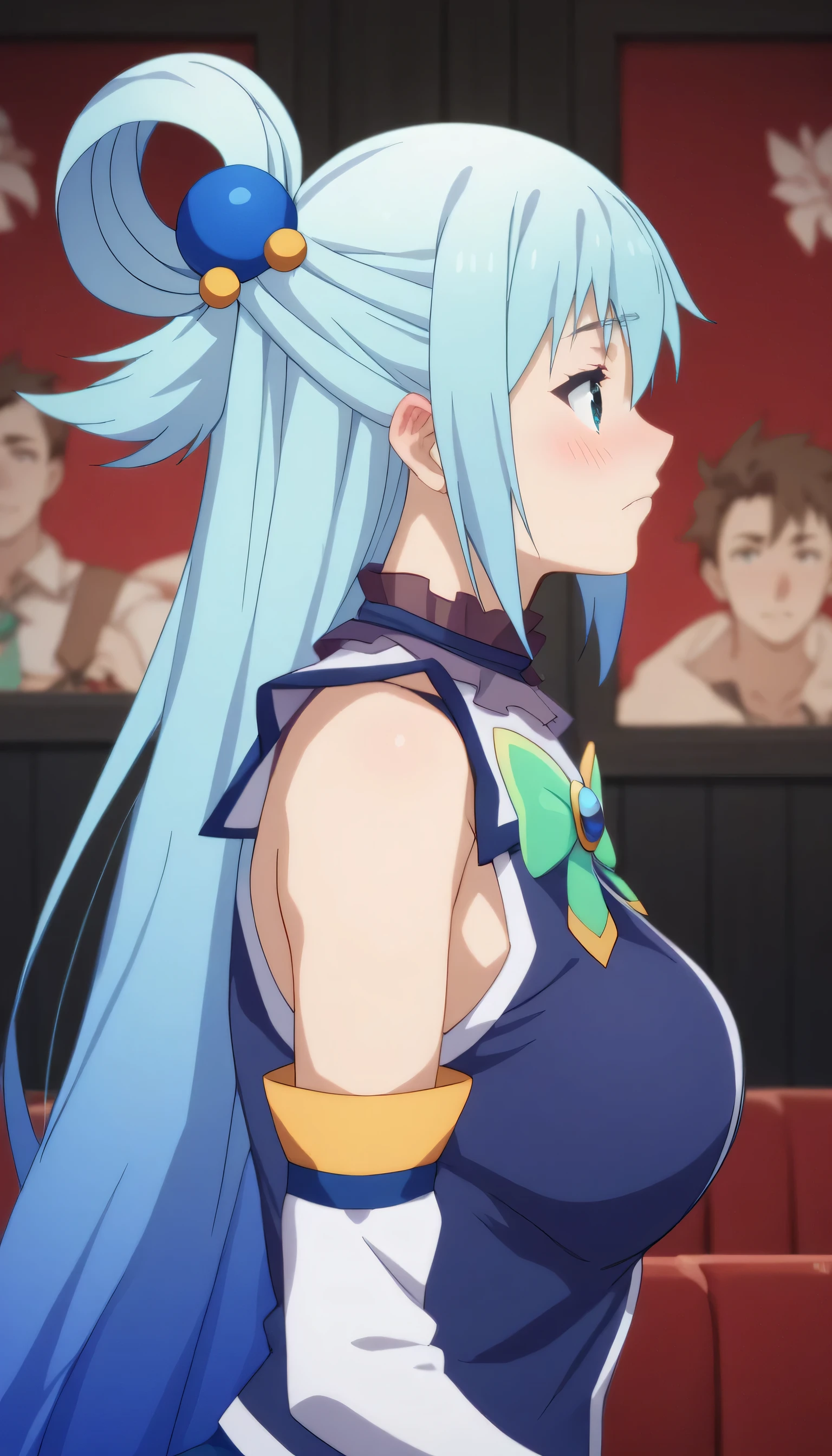  poster in a theater,  upper body, blush, profile ,(masterpiece, 1girl, solo, ,large breast ,aqua \(konosuba\), long hair, hair ornament, very long hair, hair rings, single hair ring, hair bobbles, , ,
skirt, shirt, thighhighs, bare shoulders, detached sleeves, white thighhighs,