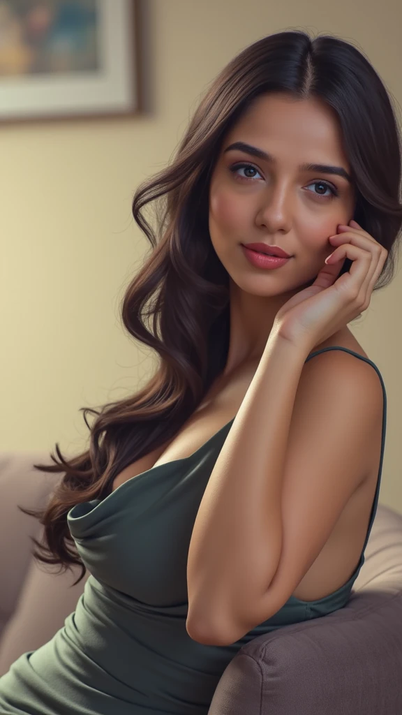 a woman leaning on couch, detailed portrait, side view, huge bust, beautiful detailed eyes, beautiful detailed lips, extremely detailed face, long eyelashes, elegant dress, photorealistic, highly detailed, 8k, best quality, cinematic lighting, warm color tones, chiaroscuro lighting, dramatic shadows, digital art, concept art