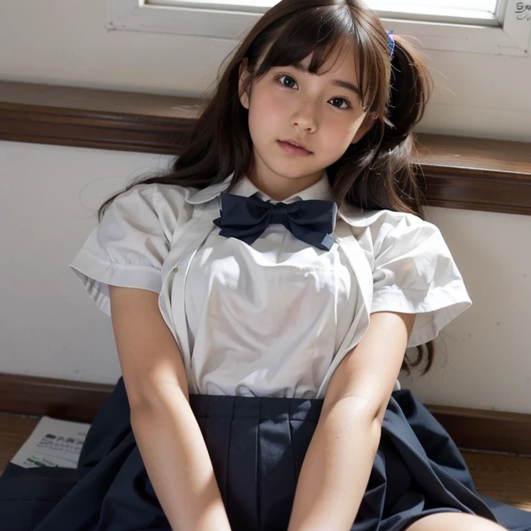 ((highest quality, masterpiece :1.3)), Photorealistic、Ultra-high resolution、Natural skin texture、Hyperrealism、Photograph from the knee up、12 year old beautiful Japanese girl、Twin tail hair、well-shaped breasts、White collared shirt and tie、mini skirt、Frightened expression