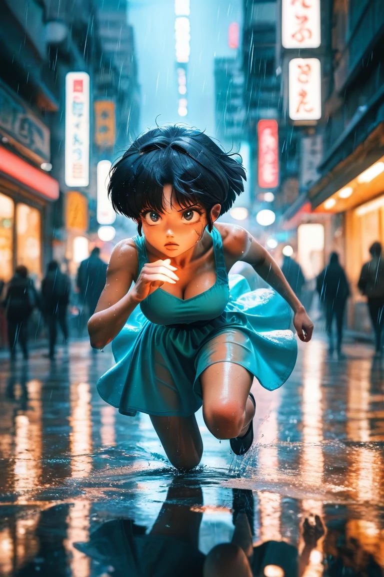 masterpiece, best quality, very aesthetic, resolution, depth of field, ultra-detailed, volumetric lighting, ranma, (tendou_akane:1.3), 1girl, short_hair, blue_hair, running, rain_falling, wet_clothes, soaked_dress, night, urban_city, glowing_streetlights, puddles_on_street, reflections_on_ground, cinematic_angle, intense_expression, wet_hair, rain_droplets, blurred_background, dramatic_lighting

