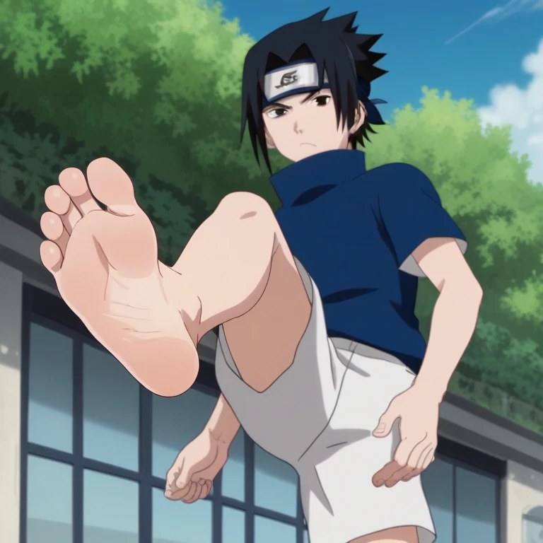 score_9, score_8_up, source_anime,
1boy, Sasuke Uchiha, black hair, short spiky hair, dark eyes, navy blue high-collar shirt, short sleeves, white shorts, alone, looking at viewer, serious expression, standing, lifting one leg to show his soles, cowboy shot, ANIME SCREENCAP, anime coloring, in a garden, barefoot, perfect feet, anatomically correct, soles, low angle, focal length 35mm, each foot has five toes, front, symmetrical soles, foot focus