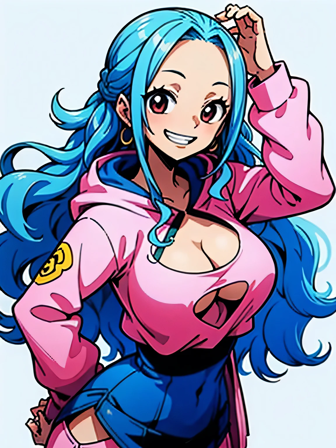 sideview,looking at viewer,Alone,upperbody,YOU LIVE,pastel blue curly wavy long hair,big fore head,whte hoodie,hoodie front opening 、(open jacket cleavage cutout,sexy very small breast)、( idol costume)、 ruffle mini skirt、,sexy pose,grin,white simple background、,(manga style),(sketch),(illustration),