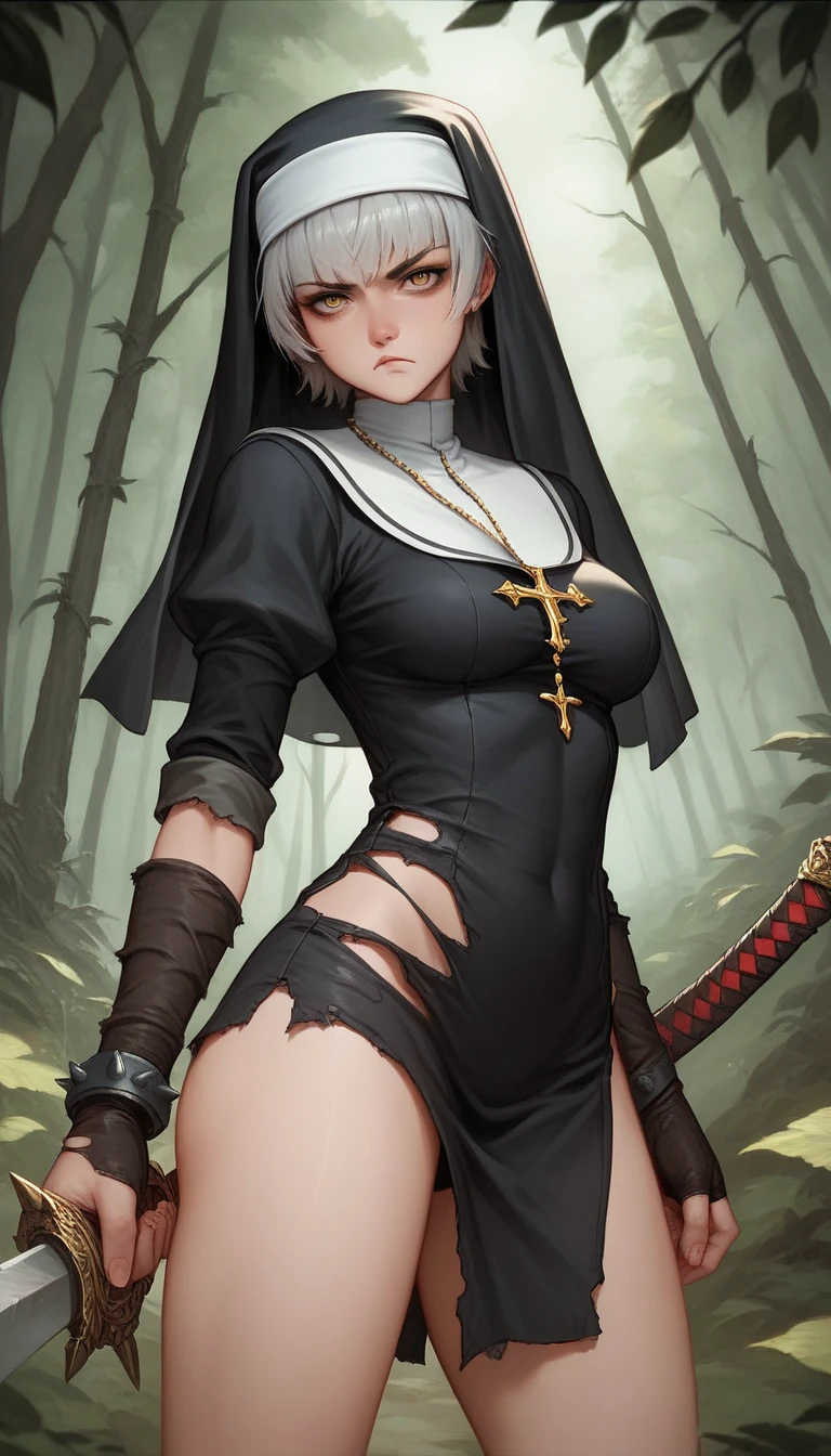  a young nun eyes Sanpaku  ,  the bright orange , short gray hair, 
 are in a standing forest , 
dark forest,  she holds a sword around her sword and has thorns surrounding the entire blade ,  monsters in the dark , Serious mouth , 
 her nun's clothing is a bit torn ,  on your arm legs ,  and in the area of your breasts ,  reasonably normal breasts ,