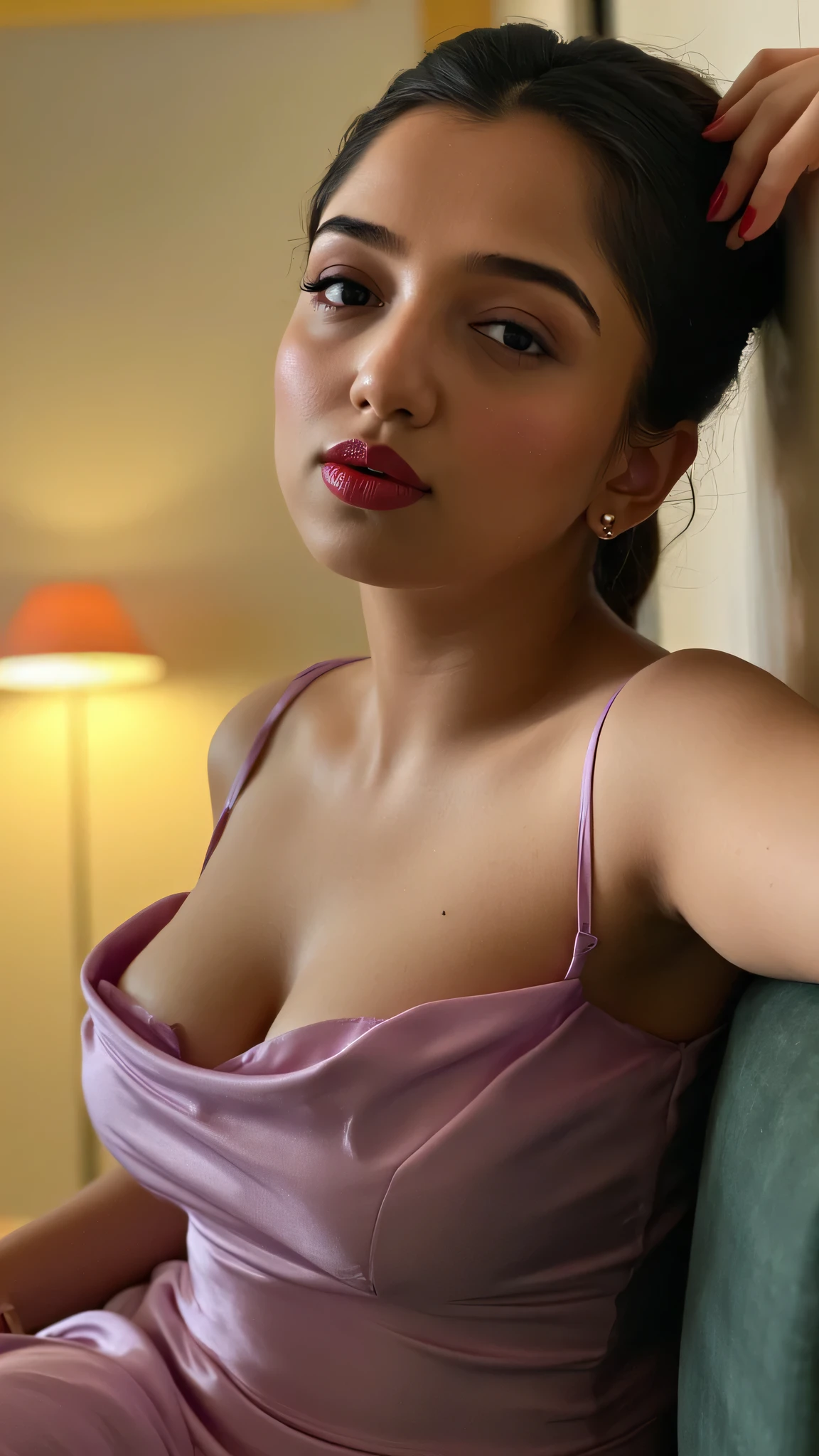 a woman leaning on couch, detailed portrait, side view, huge bust, beautiful detailed eyes, beautiful detailed lips, extremely detailed face, long eyelashes, elegant dress, photorealistic, highly detailed, 8k, best quality, cinematic lighting, warm color tones, chiaroscuro lighting, dramatic shadows, digital art, concept art