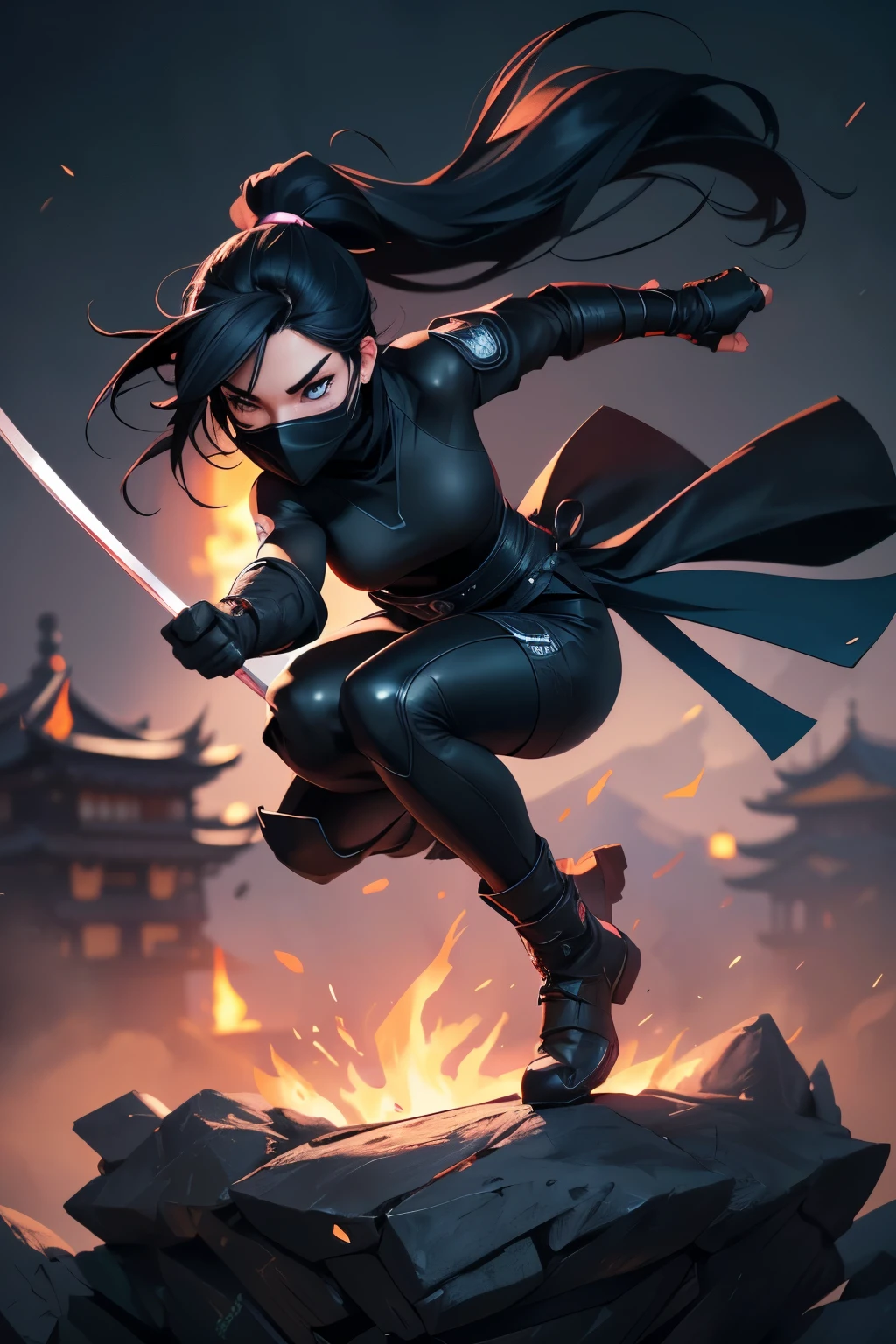 a beautiful 18 year old ninja kunoichi, detailed facial features, piercing blue eyes, long black hair in a ponytail, wearing a black mask and tight black clothing, in an attack pose, in a japanese castle environment, (best quality,4k,8k,highres,masterpiece:1.2),ultra-detailed,(realistic,photorealistic,photo-realistic:1.37),cinematic lighting,dramatic shadows,vibrant colors, full body