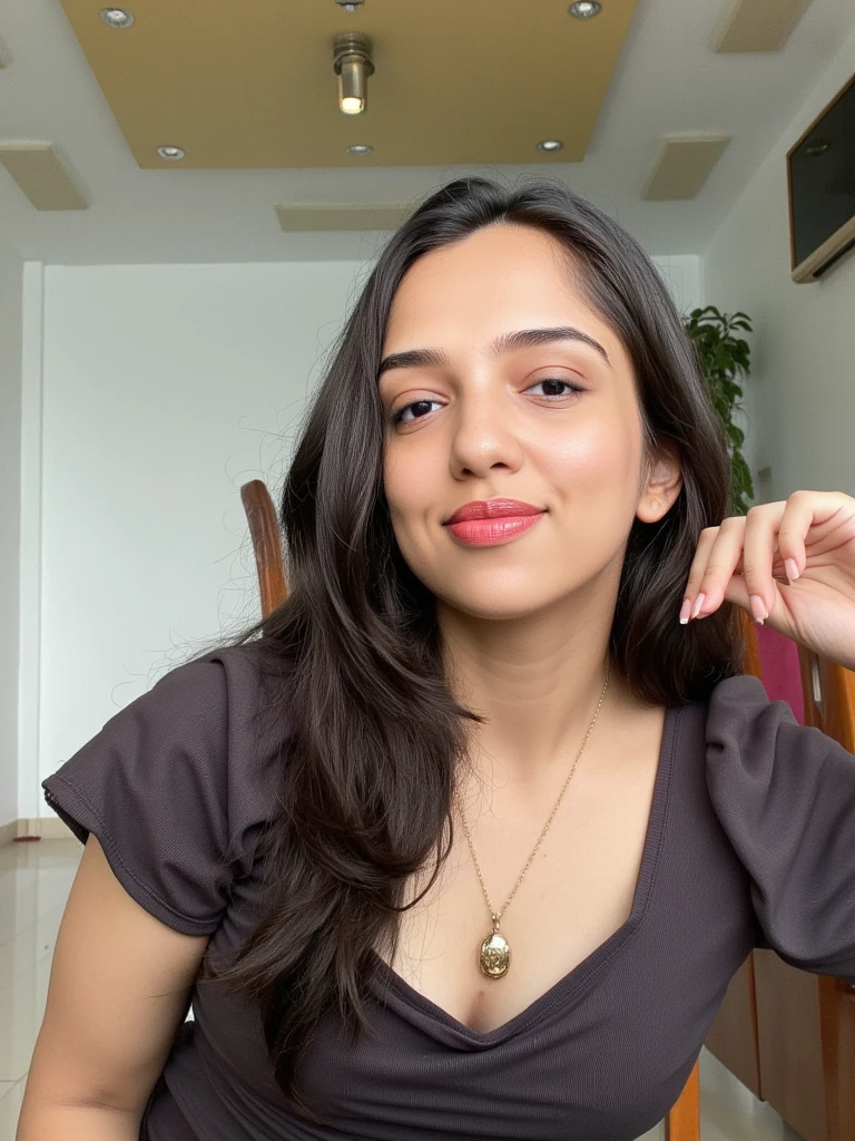 a beautiful young indian woman, 23 years old, with long wavy black hair, detailed perfect skin, beautiful almond eyes, delicate nose and lips, height 170 cm, weight 75kg, realist, (Best Quality,4k,8k,High resolution,masterpiece:1.2),ultra detailed,(realist,photorealist,photo-realist:1.37),HdR,HD,studio lighting,Ultrafine paint,sharp focus,physically based rendering,extreme detailed description,professional,vivid colors,bokeh,portrait