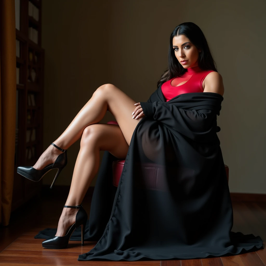 (Kim Kardashian) glossy black hair with (huge natural breasts) and big booty (flaunts curves) in red spandex skin tight (Arabic hijab mini-dress) and ((black pantyhose)) with transparent long scarf as cloak, sitting legs crossed, (huge breasts), beautiful long toned legs, high heels stilettos, luxury palace, looking at viewer, raw photo, realistic, bodybuilder woman, muscular calves, toned thighs, ((black sheer pantyhose))