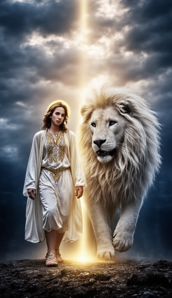 Create an ultra-realistic, cinematic 9:16 image of a tall, majestic Jesus Christ walking forward beside a colossal white lion. Jesus is depicted as a strikingly handsome man with flowing golden blonde hair, piercing blue eyes, and a serene yet powerful expression. He wears a long, flowing white tunic with golden embroidery, emphasizing his divine presence while maintaining elegance. A glowing golden halo radiates soft light around his head, illuminating his path.

The white lion is enormous, with sleek, shimmering fur and a voluminous mane glowing faintly in the divine light. Its piercing blue eyes mirror Jesus’ gaze, and its elongated fangs exude both ferocity and protection. They stride forward in unison, emanating harmony and power.

The setting is a celestial, dark landscape under stormy skies, with golden rays piercing through clouds. The ground glows with mist and light, creating a divine path. Both figures are enveloped in radiant auras—gold for Jesus, silver-white for the lion—standing out against the shadowy surroundings.

Rendered in 18K Full HD, 24-bit Full Color, HDR (0.9), and hyper-detailed textures, the image captures every strand of hair, fur, and fold of fabric. Volumetric lighting and shadow play enhance their divine glow, creating a vivid, breathtaking scene of unity and strength."