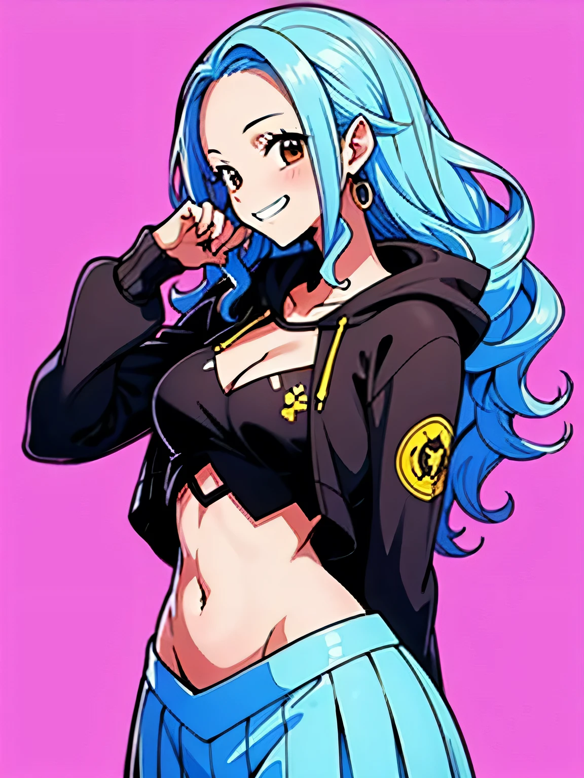 sideview,looking at viewer,Alone,upperbody,YOU LIVE,pastel brown curly wavy long hair,big fore head,whte hoodie,hoodie front opening 、(open jacket cleavage cutout,sexy very small breast)、( idol costume)、 ruffle mini skirt、,sexy pose,grin,white simple background、,(manga style),(sketch),(illustration),