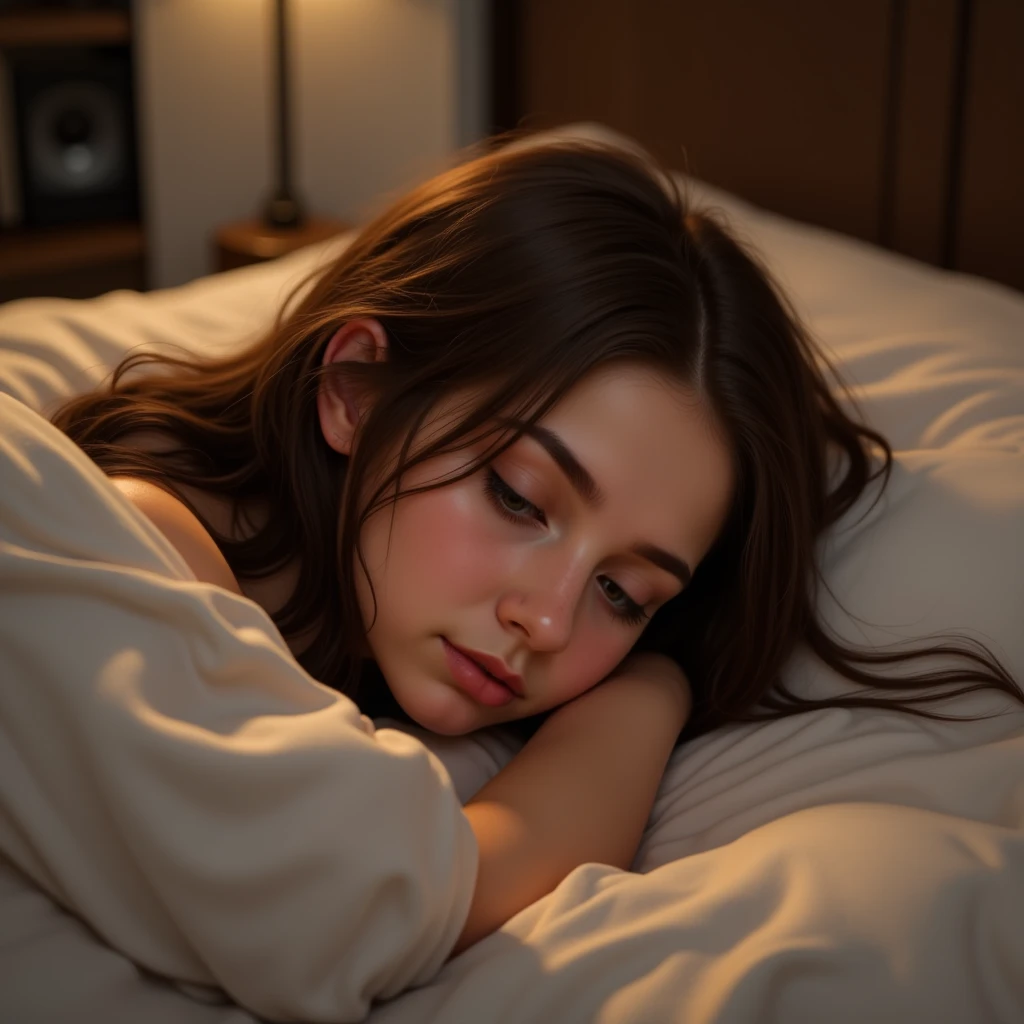 a sleeping girl,isabella,beautiful detailed eyes,beautiful detailed lips,extremely detailed face and features,long eyelashes,young woman sleeping peacefully,cozy bedroom interior,soft lighting,warm color palette,dreamy atmosphere,high quality digital art,detailed rendering,photorealistic,cinematic lighting, 22 years old, long brown hair, hazel eyes, white skin,