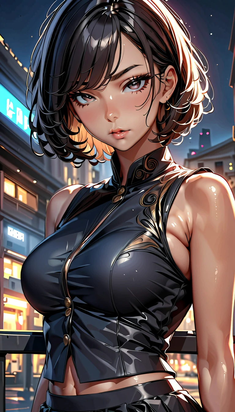 Masterpiece high quality high details realistic face ultra realistic face thin straight face girl with dark black short hair till neck with sharp jawline with chinese tomboy girl fashion